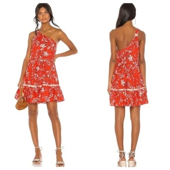 Free People All Mine Mini Dress in Red One Shoulder Tiered Skirt Bohemian Size S - Picture 2 of 13